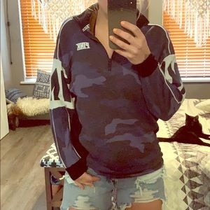 Pink half zip camo blue and white